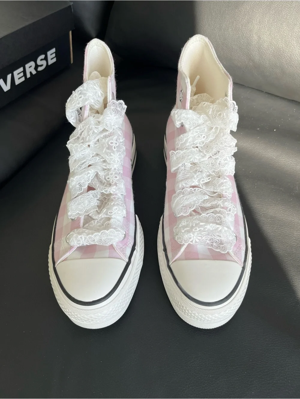 Converse High Top Sneakers Pink and White Gingham Women’s Size US 8 - Picture 3 of 10